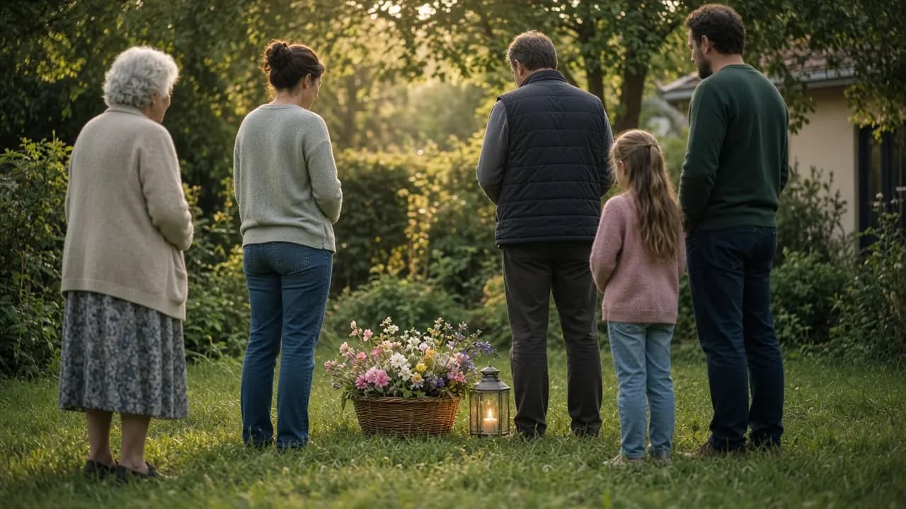A small circle of family members standing in a leafy back garden around a basket of flowers and a lit lantern